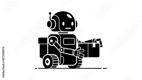 Robot working on a machine with a toolbox beside it in a workshop environment from a frontal viewpoint