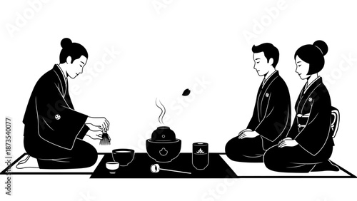 Three people in traditional attire participating in a serene tea ceremony in a tranquil setting from a straightforward viewpoint