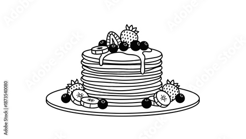 A stack of pancakes topped with strawberries and blueberries on a plate