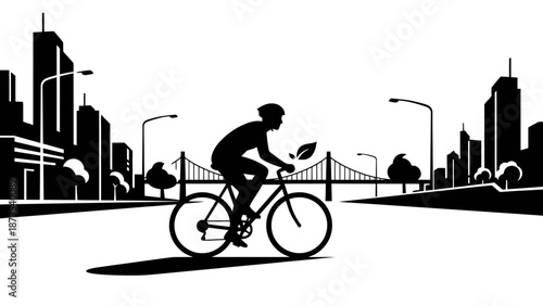 A cyclist rides a bicycle along a city road with skyscrapers in the background