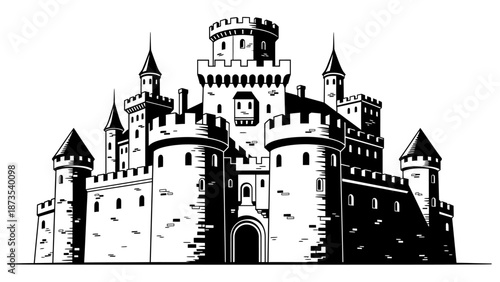 Medieval Castle Illustration Featuring Towers and Fortifications