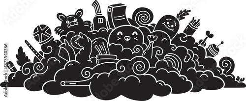 Whimsical doodle art with playful cartoon characters and objects