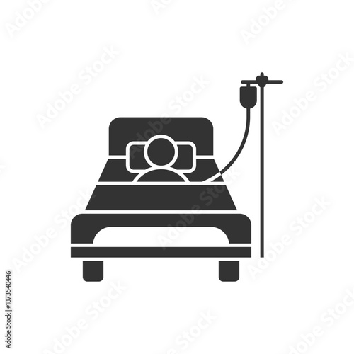 Patient bed icon. Medical treatment. Person in hospital bed. Man having infusion and lying on stretcher bed for recovery. solid style.