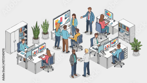 Diverse team collaborating in a modern office environment with computers and plants.