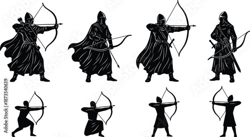 Archer silhouette illustration, medieval and modern poses, black design of bowmen in action, fantasy warfare concept, shooting stance variation