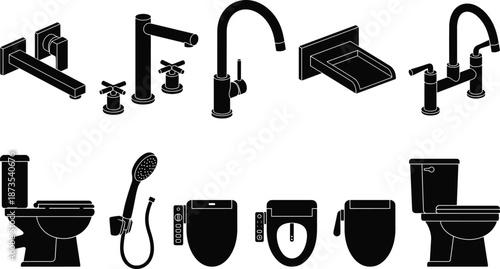 Bathroom fixture silhouette illustration, black grid of faucets, toilets, bidets, and accessories, plumbing hardware concept, modern and vintage styles