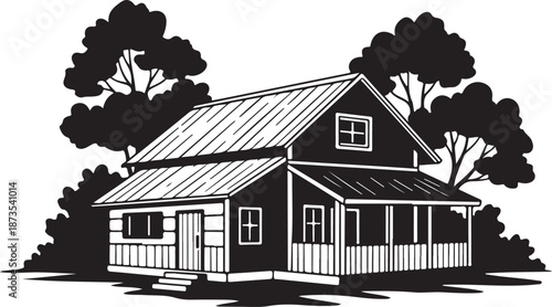 Black and white illustration of a cozy country house