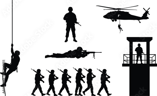 Military action silhouettes, soldiers combat operations scenes, army training patrol rescue missions, defense security forces illustration, tactical warfare concept