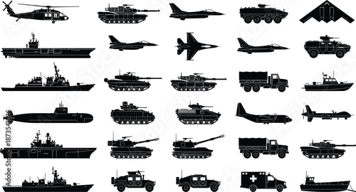 Military equipment silhouette illustration, black grid of vehicles, aircraft, ships, tanks, submarines, tactical defense assets, comparison layout concept