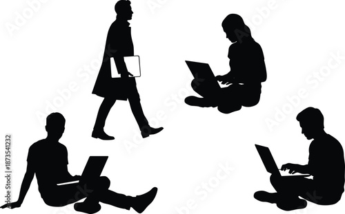 People using laptop silhouettes, mobile work lifestyle, remote working poses, digital nomad concept, modern technology usage, freelance business illustration