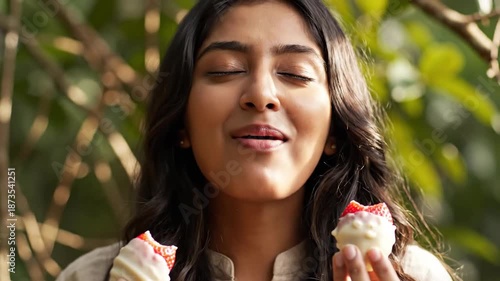 Woman Enjoying Tasty Mochi Ice Cream.