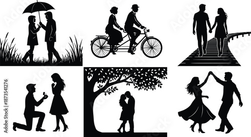 Romantic couple silhouettes collection, love relationship moments, dating proposal dance bicycle walk scenes, black vector illustration set