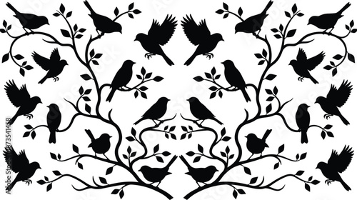 Symmetrical bird silhouette illustration, black and white tree branches with perched and flying birds, decorative nature design, artistic balance concept