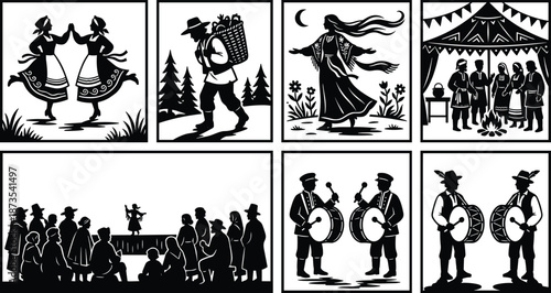 Traditional folk culture silhouettes, village life scenes, ethnic dance music rituals, rural people activities, heritage storytelling illustration, cultural festival artwork