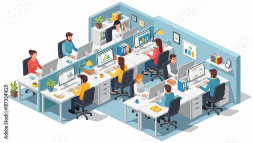 Isometric office workspace with diverse employees working at desks.