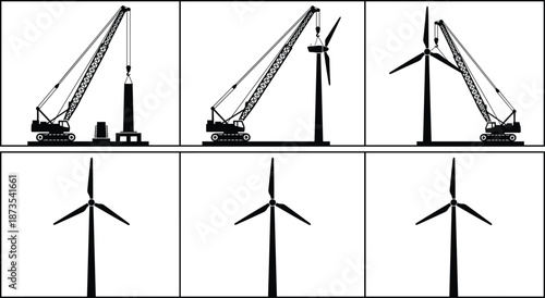 Wind turbine installation silhouettes, crane construction process, renewable energy development, wind power generation, industrial engineering workflow, sustainable electricity concept