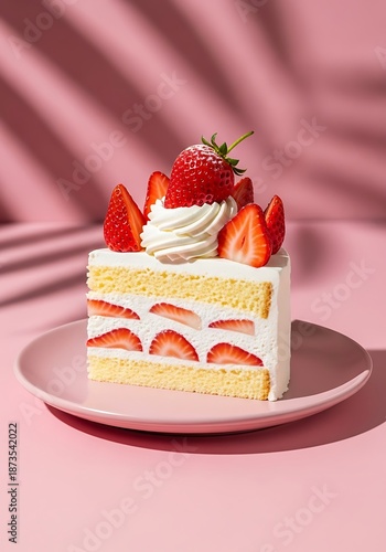 Delicious slice of layered cake topped with fresh red berries and whipped cream rests on a pastel dish