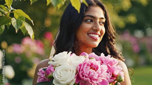 Woman Holding Bouquet of Flowers Smiling.