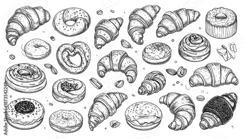 Pen and ink illustration of various baked goods, including croissants, donuts, pretzels, and pastries
