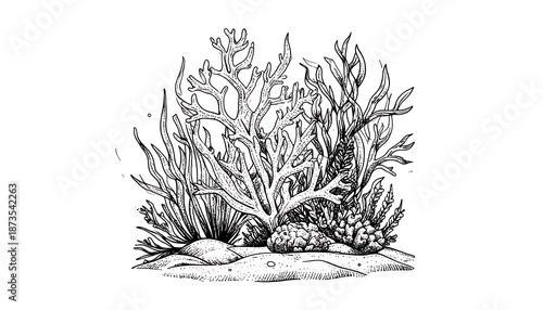 Pen and ink illustration of various coral and plant life on a sandy seabed. Delicate lines and stippling create texture and detail