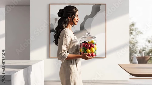 Woman holding colorful candy jar indoors.