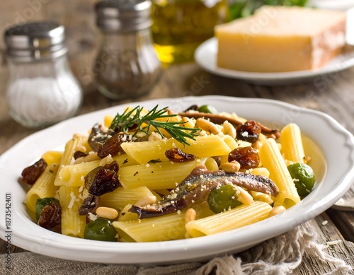 Penne pasta dish with various toppings, alongside salt, pepper, oil, cheese, and rosemary