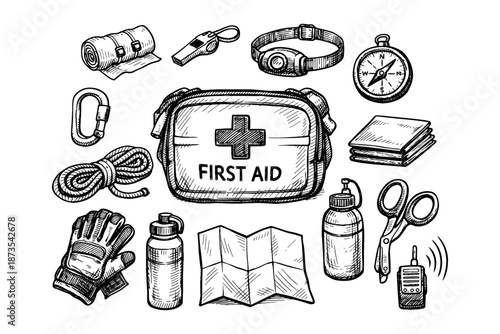 Essential hiking gear: first aid, compass, map, and survival tools