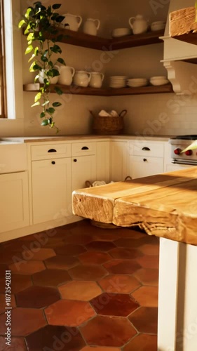 Cozy rustic kitchen with wooden accents and terracotta tiled floor.