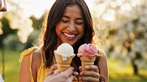 Woman holding two ice cream cones.