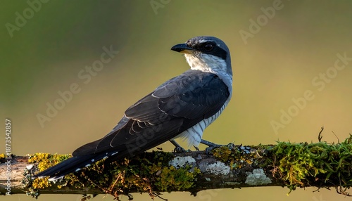 Perched songbird with a sharp beak, gray back, and a white chest, surveys its surroundings on a moss-covered branch