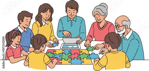 Multi-generational family engaging in collaborative learning and recreational activities, focused on a colorful jigsaw puzzle and an interactive digital tablet
