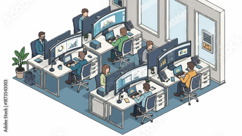 Modern office space with employees working on computers.