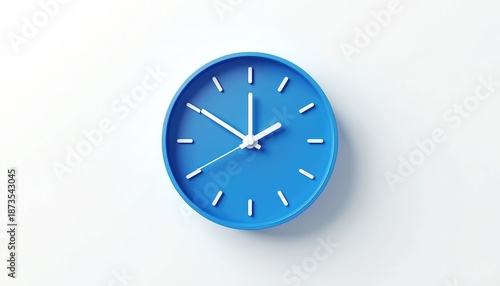 Wallpaper Mural Blue wall clock with white hands shows 10 08 time. Minimalist circular timepiece isolated on clean white background with subtle shadow. Modern object for timekeeping. Torontodigital.ca