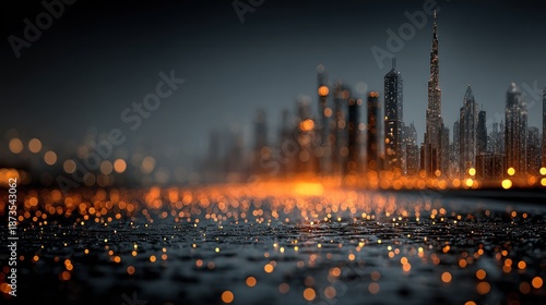Dazzling city lights reflecting on wet pavement at night with bokeh effect