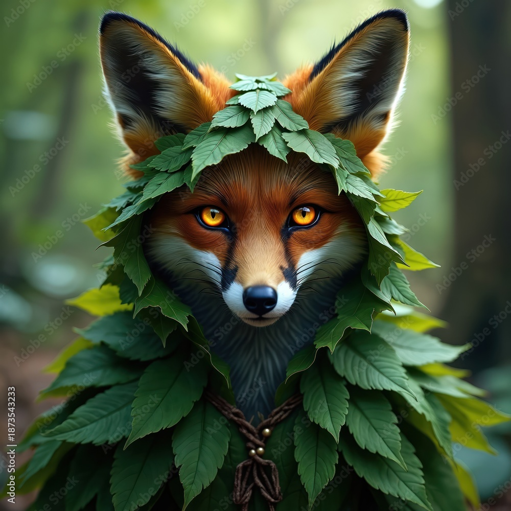 Fototapeta premium A mystical fox spirit with bright eyes wears a cloak made of green leaves. This magical creature stands in a rich forest, its form blending with nature serene beauty and vibrant plant life.