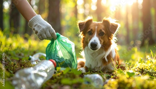 Person in gloves picks up trash next to a cute dog outdoors. Warm sunlight shines through the trees creating a peaceful scene