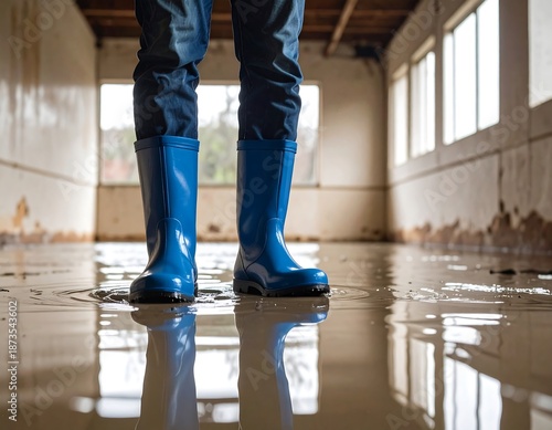 Person stands in flooded interior space wearing bright blue rubber boots, reflecting in the water-covered floor