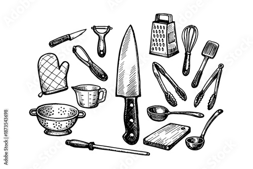Hand-drawn kitchen tools collection: knives, grater, whisk, peeler, cutting board, utensils