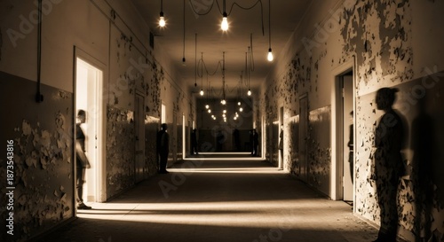 Haunting hallway with shadowy figures lurking in doorways, illuminated by hanging light bulbs. Mysterious abandoned asylum scene for horror story concept.