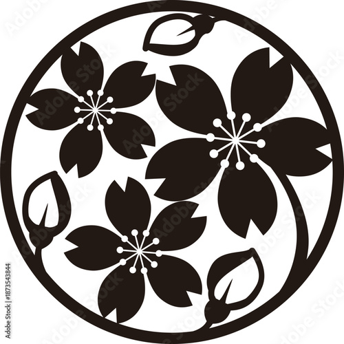 さくらをモチーフにした和柄の丸型フレーム　ロゴ　デザイン　和風モダン　お祝いやギフトの装飾パーツ素材