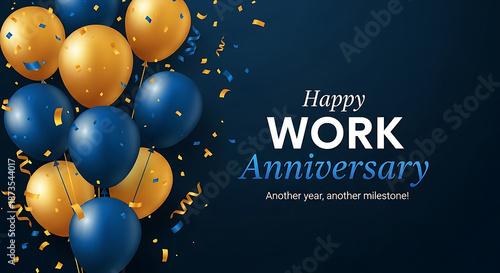 Blue and gold balloons with confetti celebrating work anniversary celebration
