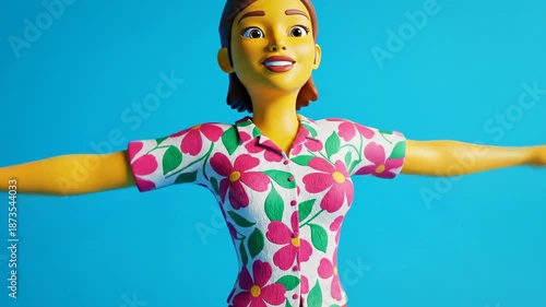 Woman in floral shirt jumping happy.
