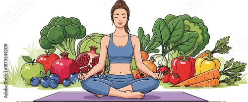 Woman meditating in lotus position surrounded by fresh fruits and vegetables on a yoga mat