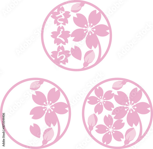 さくらをモチーフにした和柄の丸型フレーム　ロゴ　デザイン　和風モダン　お祝いやギフトの装飾パーツ素材