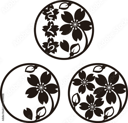 さくらをモチーフにした和柄の丸型フレーム　ロゴ　デザイン　和風モダン　お祝いやギフトの装飾パーツ素材