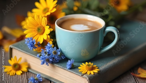 Light blue coffee cup with foam art sits on old book. Yellow and blue flowers adorn the table. Autumn leaves surround this cozy morning scene.