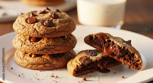 Stack of warm chocolate chip cookies displays gooey melting centers alongside a glass of cold milk