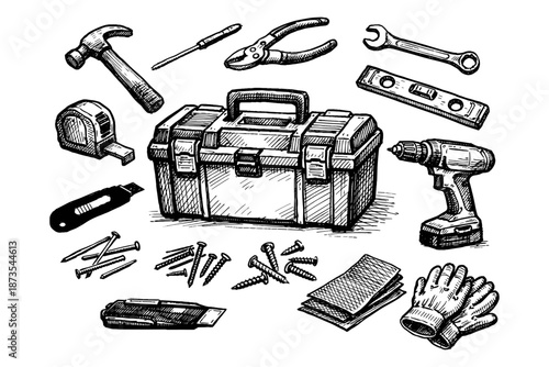 Hand-drawn toolbox with tools: hammer, pliers, drill, and more