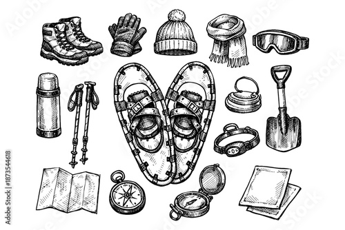 Hand-drawn winter hiking gear collection featuring snowshoes and accessories