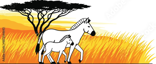 Zebra mother and foal walking together in the African savanna under a tree.